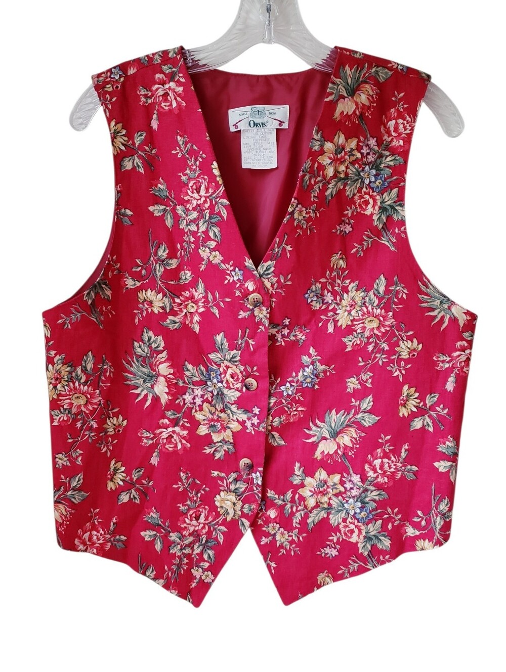 Vintage Orvis Red Floral Linen Cotton Button Vest
